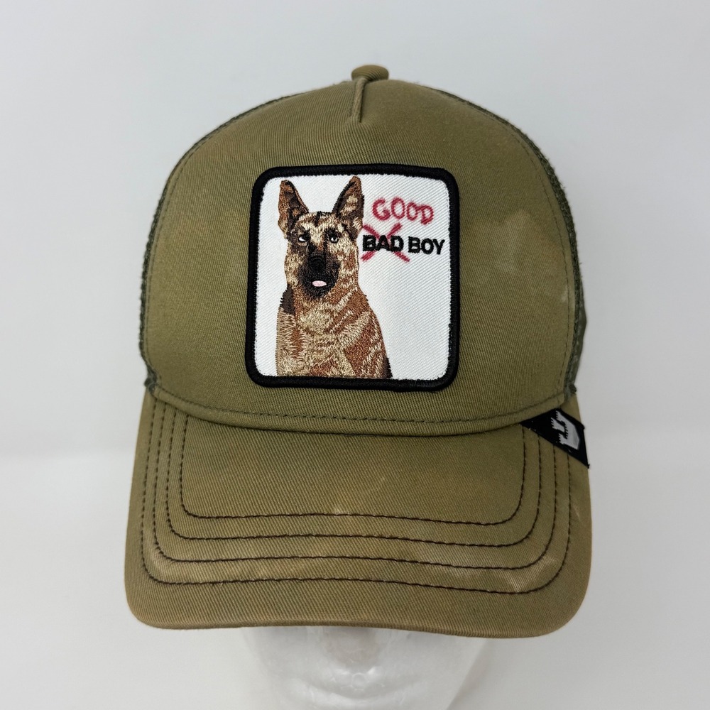 Custom Goorin Bros The Farm German Shepherd Good Bad Boy Trucker Hat Olive